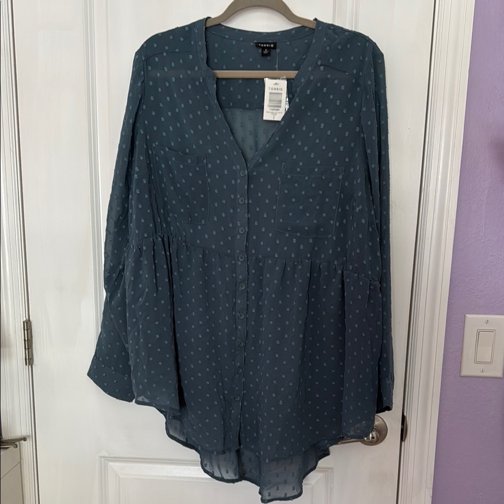 Torrid Green and Blue Bell Sleeve Blouse with Notched Collar